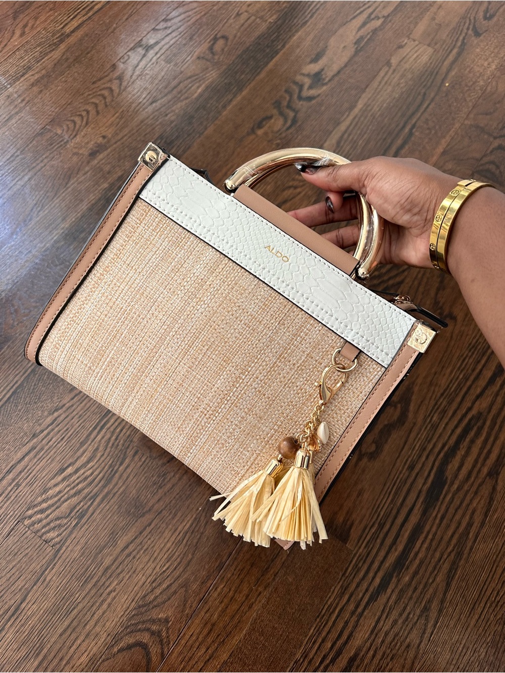 ALDO Beige, White & Tan Straw Satchel with Tassel Charm